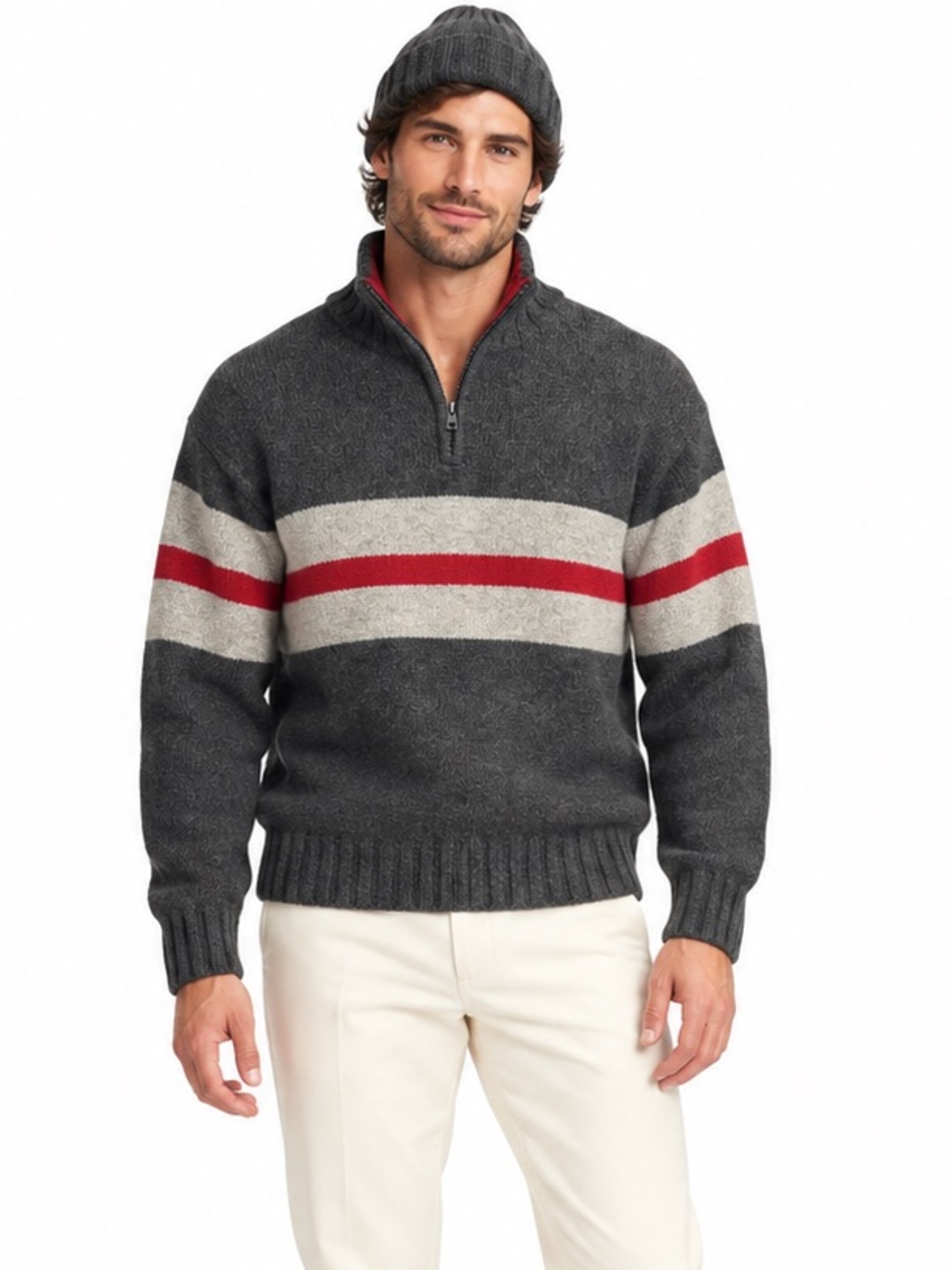 Vintage Y2K GAP Lambswool Quarter Zip Sweater Gray Red Stripe Small Cabincore